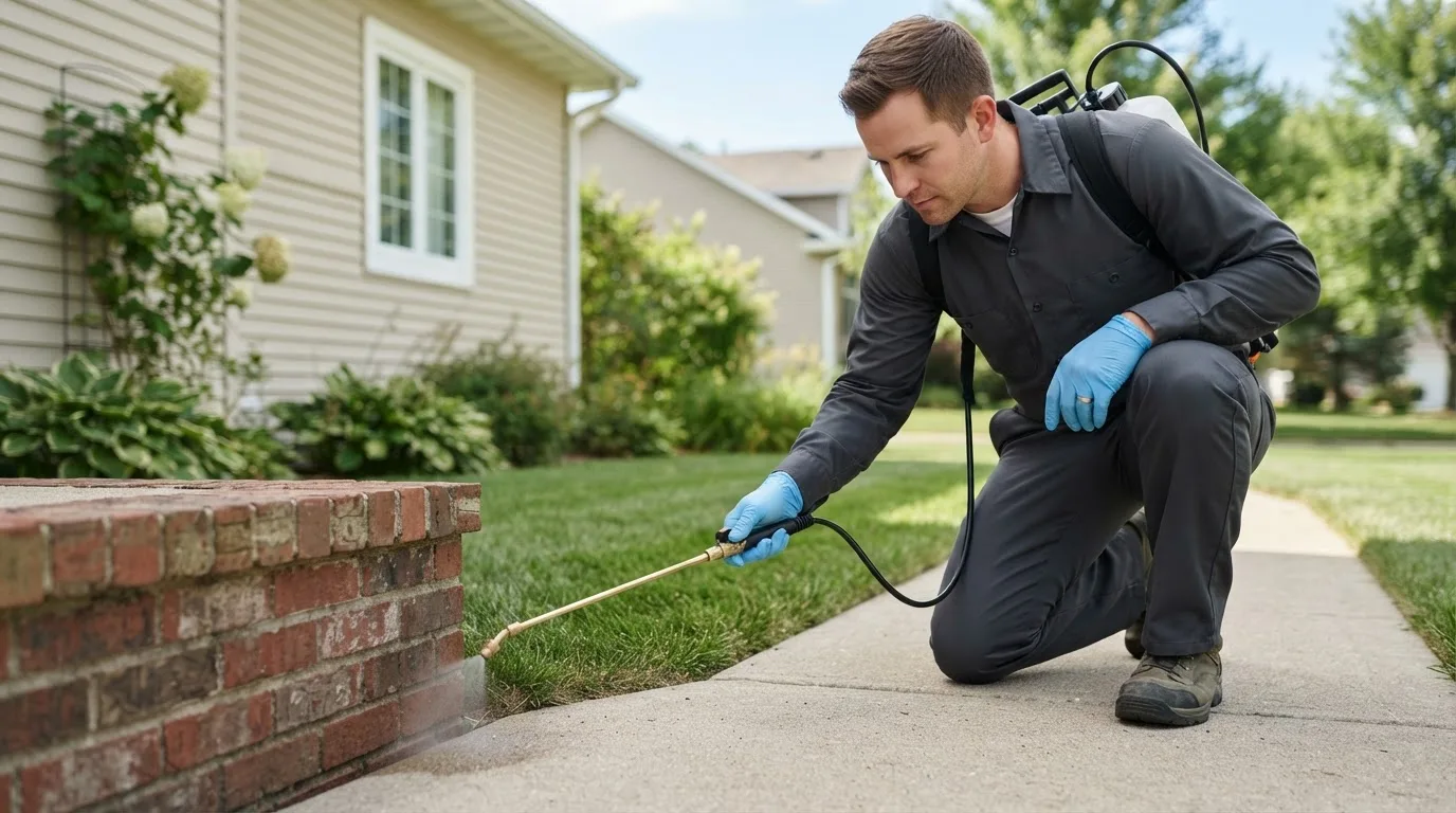 Pest control technician treating a home near Doniphan, NE