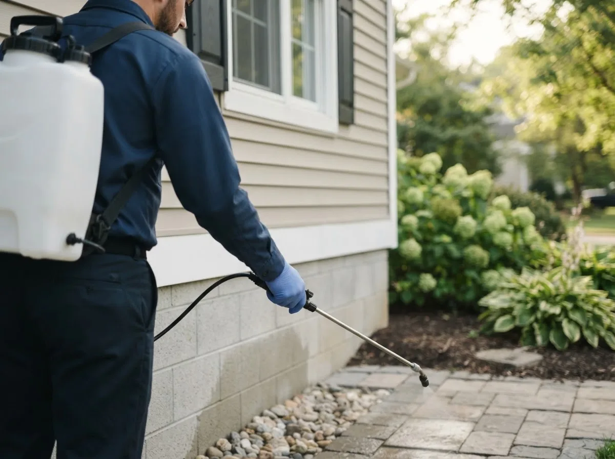 Pest control technician inspecting a home in Doniphan, NE